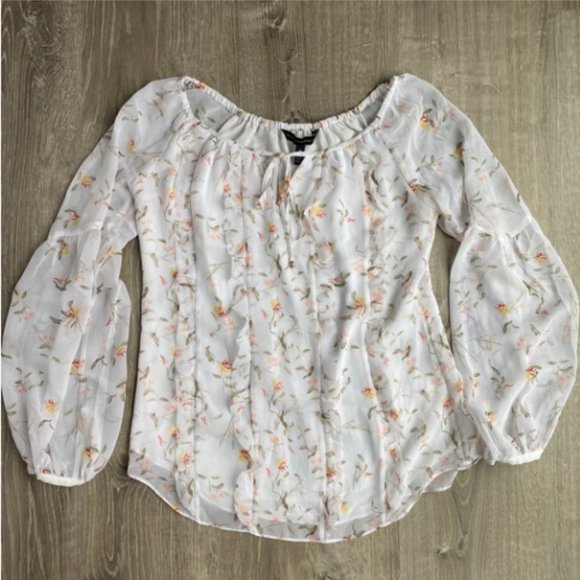 WHBM Boho Bell-Sleeve Floral Ruffle Blouse White 0 - Picture 1 of 5
